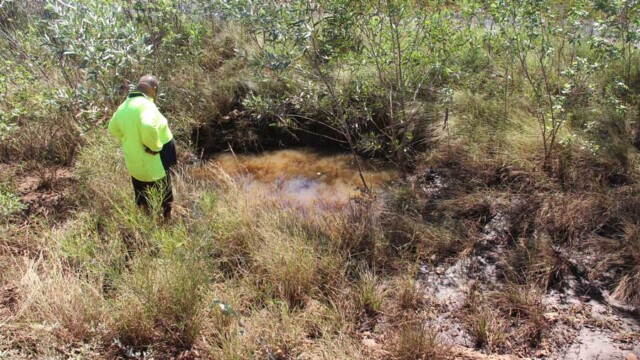 Rodney Adams inspecting the old well that Aboriginal people had dug on the banks of the creek before Europeans arrived in the region.